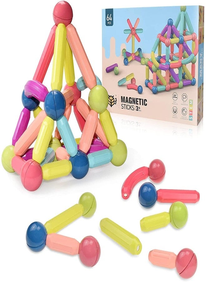 BLiSS HUES لعبة بناء مغناطيسية من BLiSS HUES، لعبة تعليمية للأطفال من عمر 5 سنوات فما فوق، تتضمن عصي وكرات مغناطيسية بأحجام وأشكال مختلفة، مناسبة للأولاد والبنات، 64 قطعة - Image 1